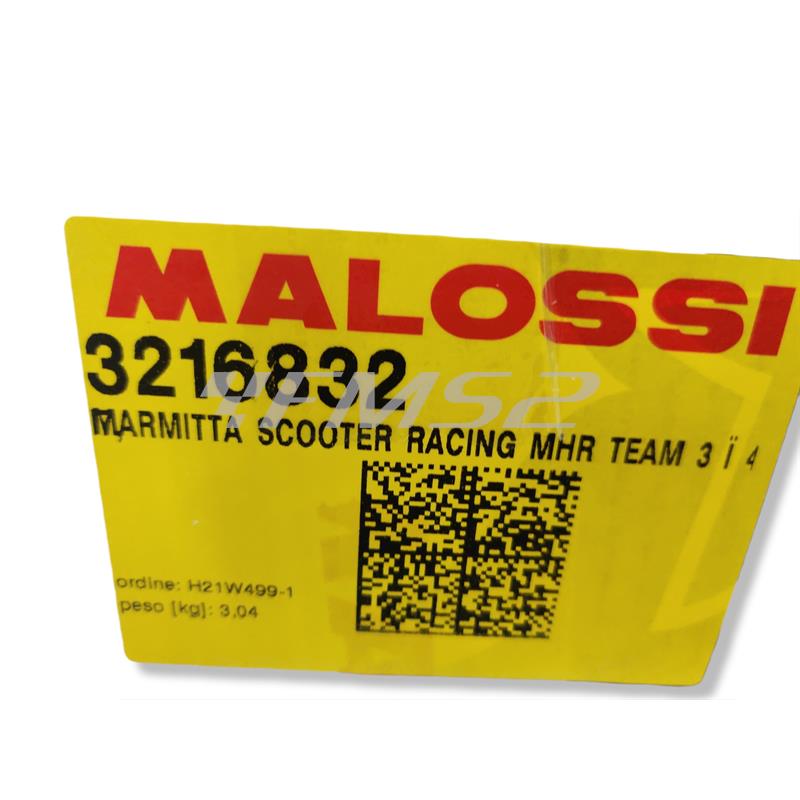 Marmitta racing Malossi MHR Team 3 specifica per gruppi termici Malossi 47,6 mm con collettore flangiato 4 bulloni Minarelli orizzontale liquido, ricambio 3216832