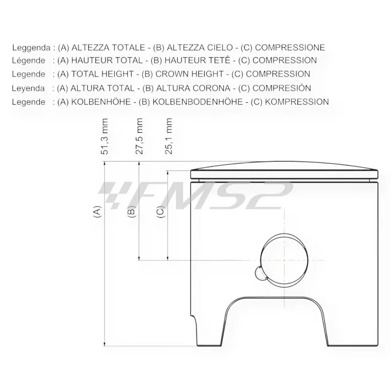 3416448.D0 Pistone Malossi diametro 52 mm con spinotto da 13 mm e  mono fascia rettangolare e selezione D per gruppi termici Malossi testa rossa scooter