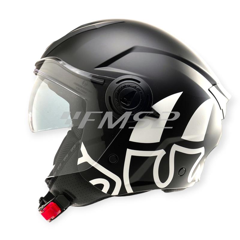 Casco jet Malossi di colore nero e grafiche bianche con taglia S, ricambio 3915640B3