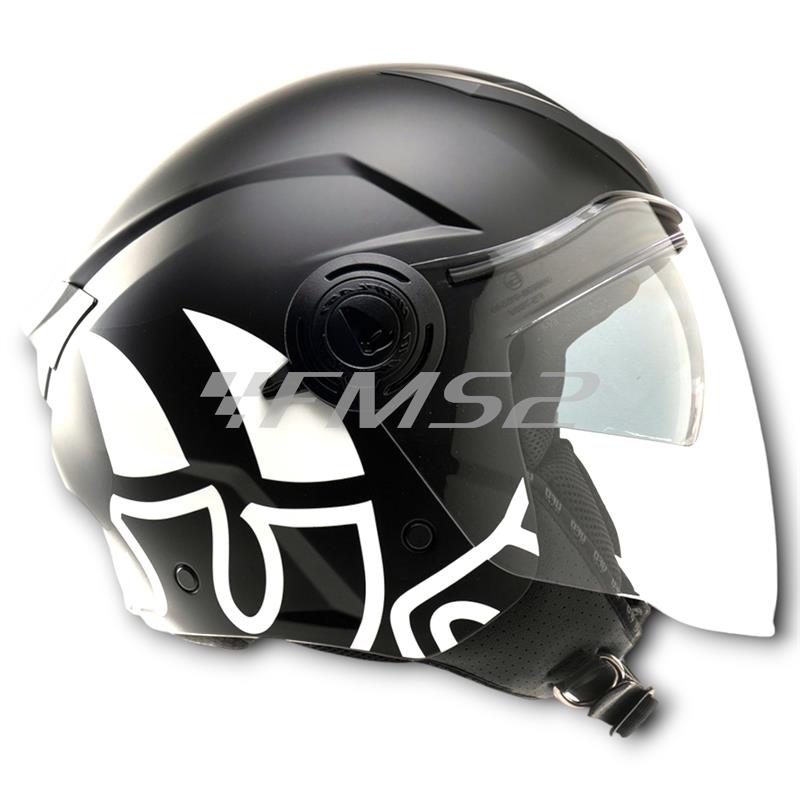 Casco jet Malossi di colore nero e grafiche bianche con taglia M, ricambio 3915640B4