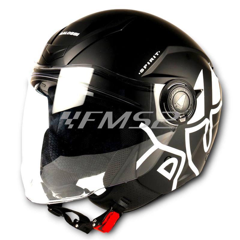 Casco jet Malossi di colore nero e grafiche bianche con taglia L, ricambio 3915640B5