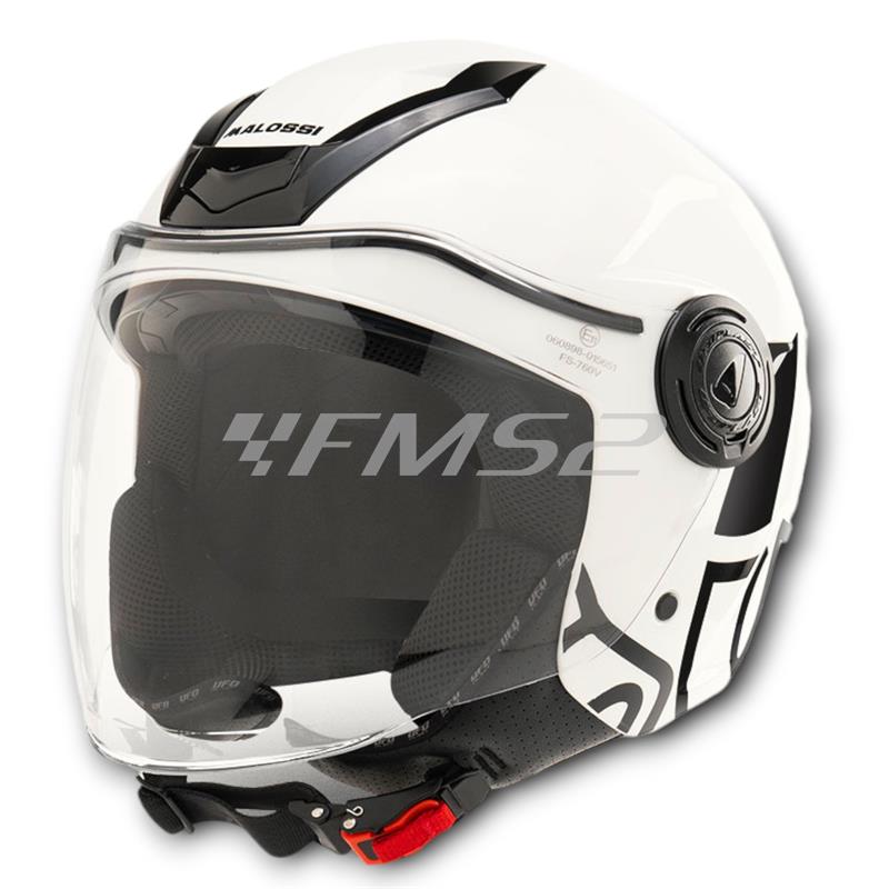 Casco jet Malossi di colore bianco e grafiche nere con taglia S, ricambio 3915640W3