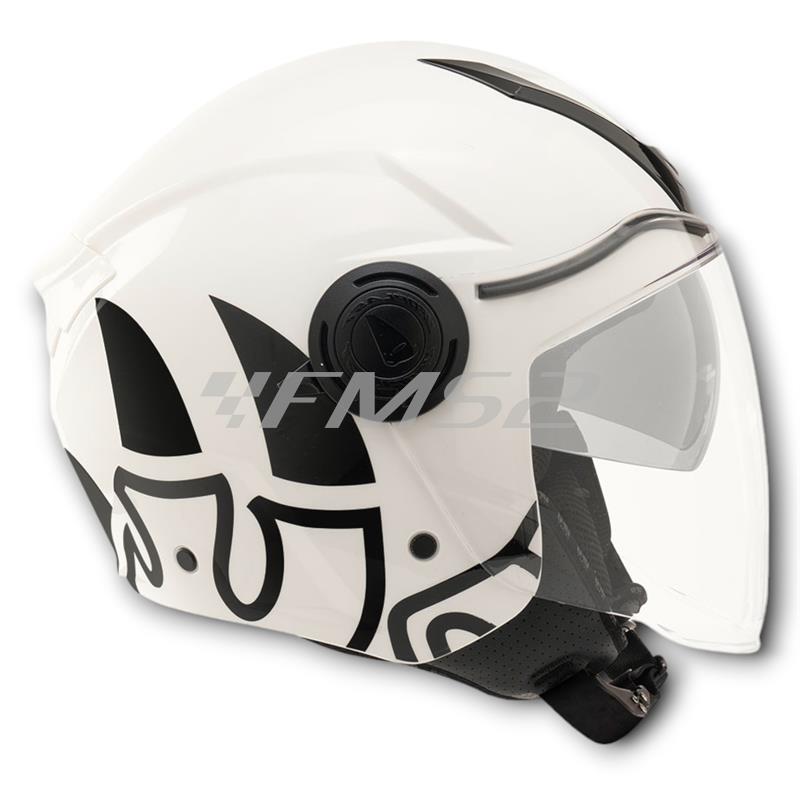 Casco jet Malossi di colore bianco e grafiche nere con taglia M, ricambio 3915640W4