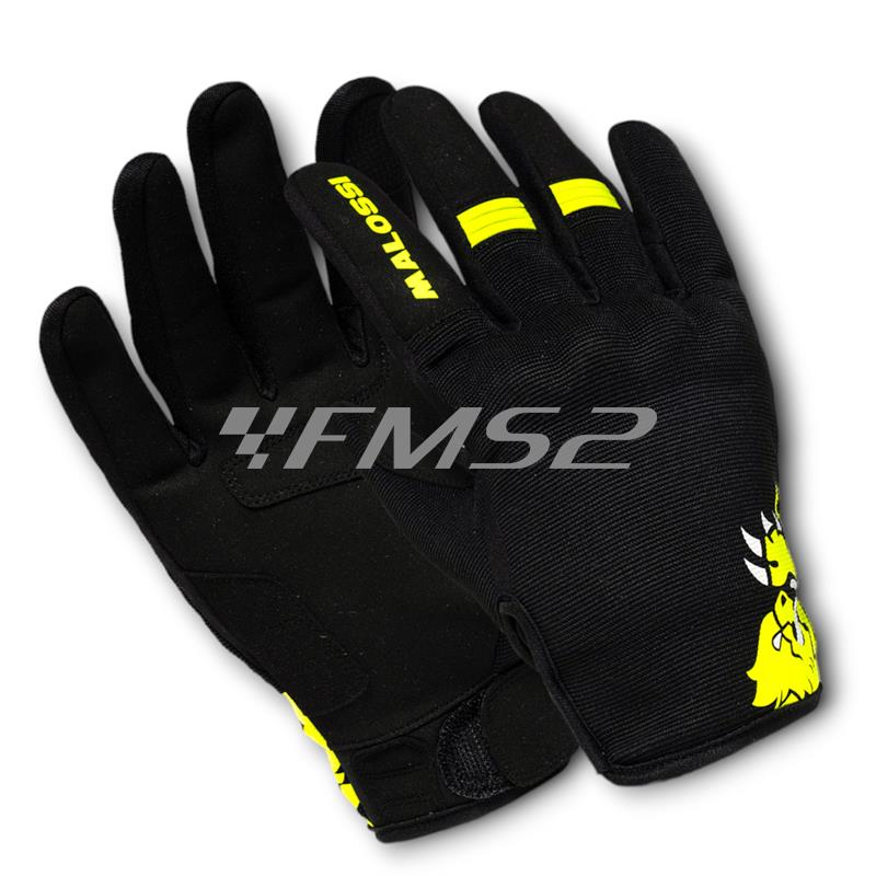 Guanti mezza stagione Malossi modello M-GLOVES di colore nero e grafiche gialle con taglia M, ricambio 3919252Y4