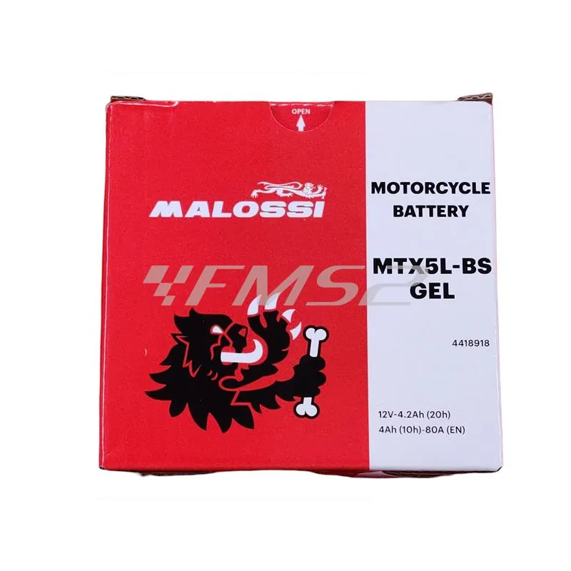 Batteria Malossi modello MTX5L-BS sigillata in gel senza manutenzione e già attivata e pronta all'uso, ricambio 4418918