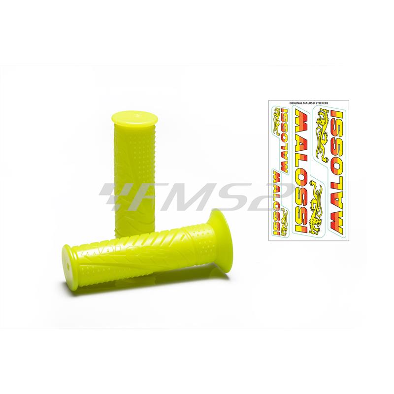 Coppia manopole Malossi MHR in gomma di colore giallo fluorescente con imbocco diametro 22 e 24 chiuse ai lati per applicazione su scooter, ciclomotori e cross, ricambio 6918702Y0