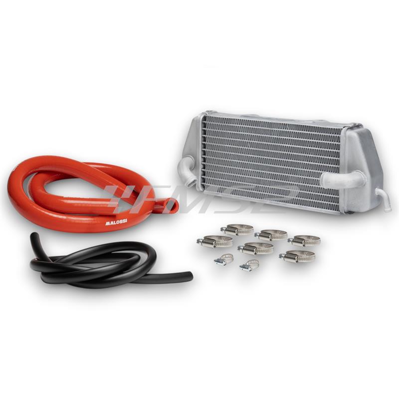 Radiatore sinistro Malossi MHR in alluminio di colore argento specifico per Fantic caballero 50 e tutti modelli enduro e motard con motore Minarelli AM6. Dimensioni 112,4 x 321,5 mm, ricambio 7119896