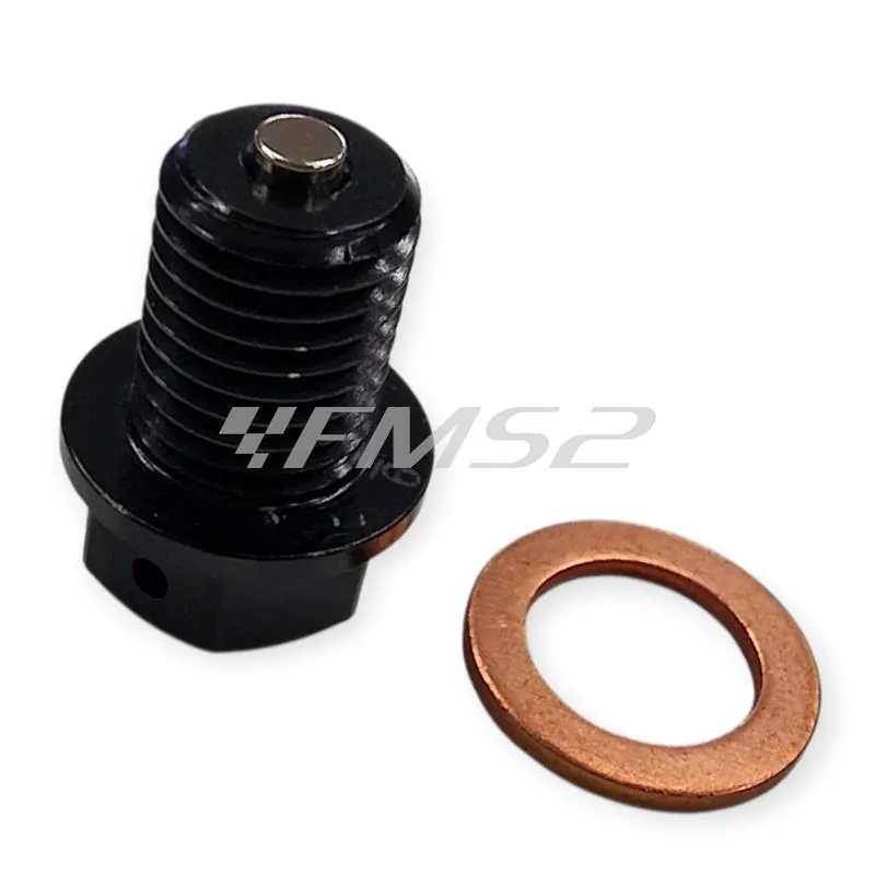 AV3445N Tappo scarico olio magnetico M12 passo 1,5 lunghezza 15 mm in ergal anodizzato nero con foro legatura di sicurezza - HONDA / FANTIC / YAMAHA