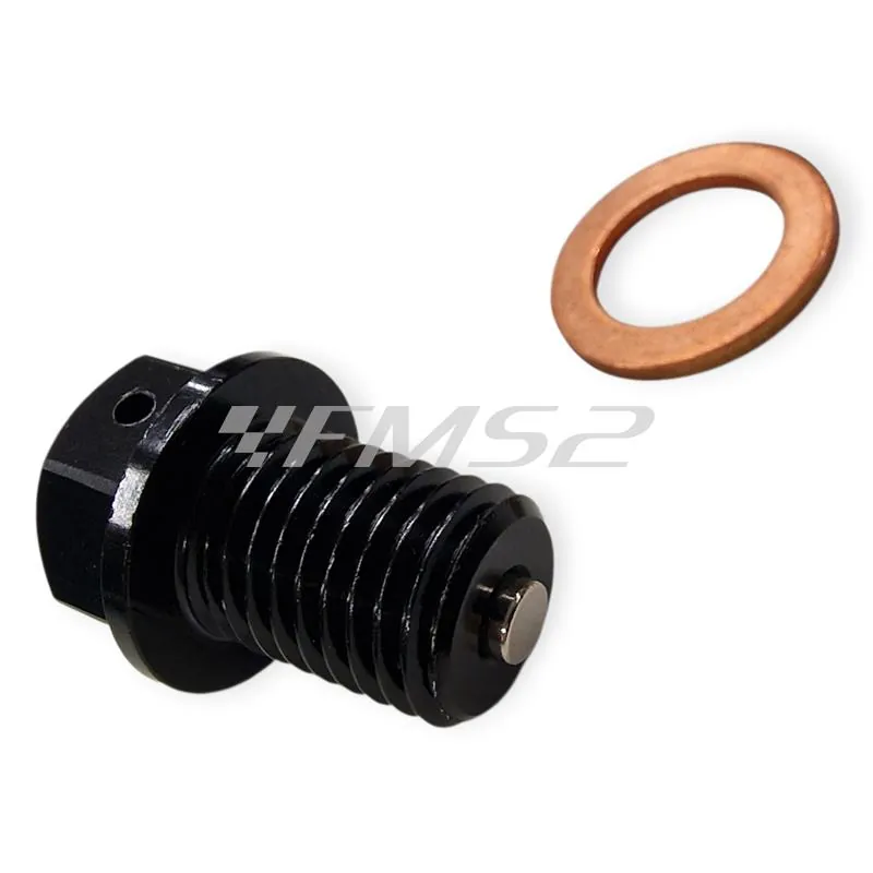 AV3445N Tappo scarico olio magnetico M12 passo 1,5 lunghezza 15 mm in ergal anodizzato nero con foro legatura di sicurezza - HONDA / FANTIC / YAMAHA