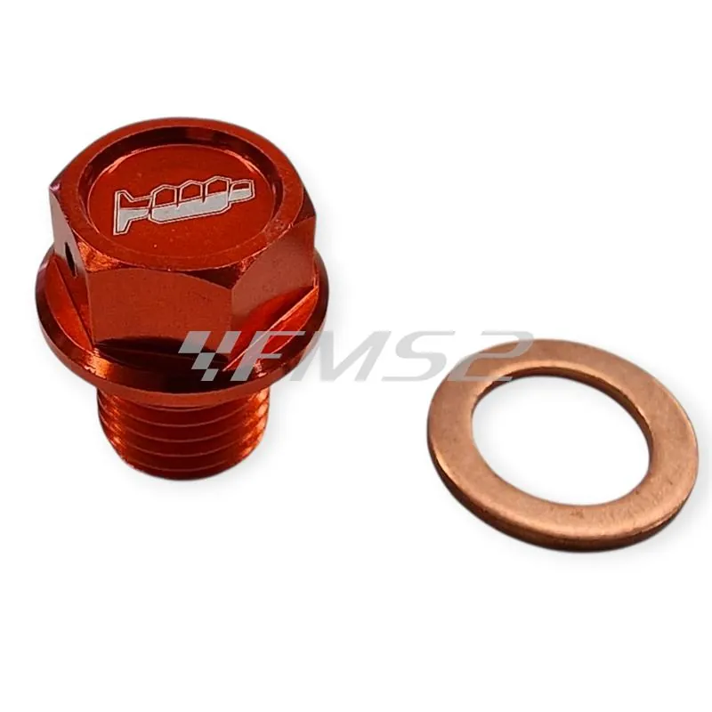 Tappo scarico olio magnetico M12 passo 1,5 lunghezza 12 mm in ergal anodizzato arancio con foro legatura di sicurezza - KTM / HUSQVARNA / GAS GAS, ricambio AV3446A