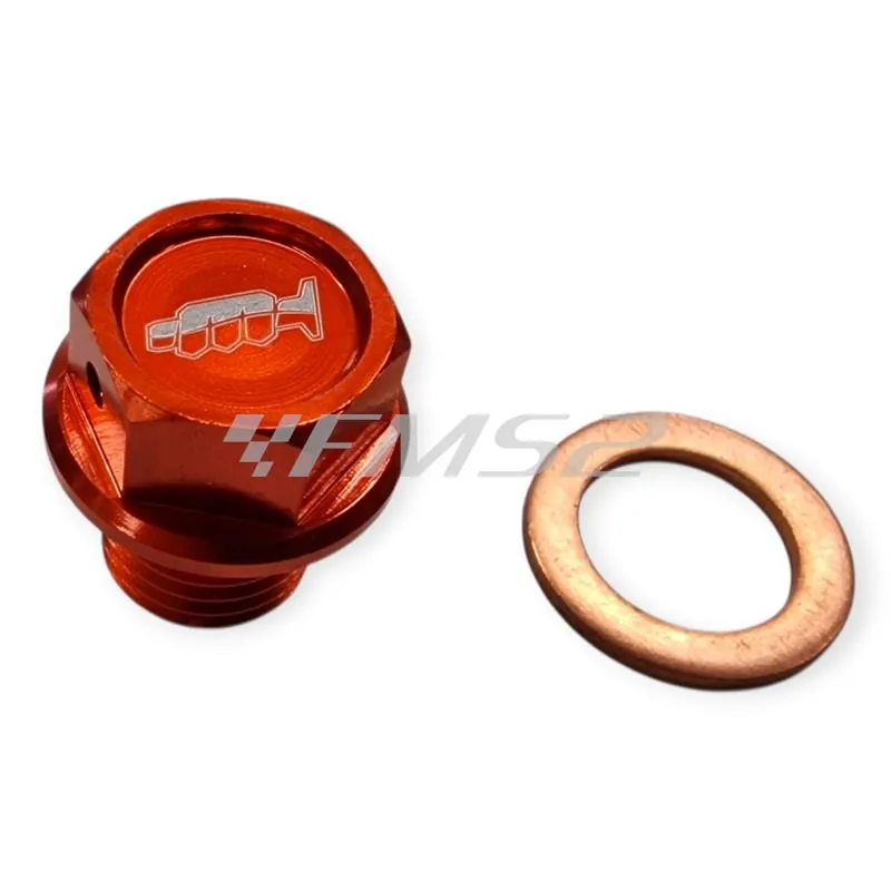 Tappo scarico olio magnetico M12 passo 1,5 lunghezza 12 mm in ergal anodizzato arancio con foro legatura di sicurezza - KTM / HUSQVARNA / GAS GAS, ricambio AV3446A