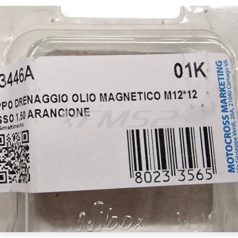 Tappo scarico olio magnetico M12 passo 1,5 lunghezza 12 mm in ergal anodizzato arancio con foro legatura di sicurezza - KTM / HUSQVARNA / GAS GAS, ricambio AV3446A