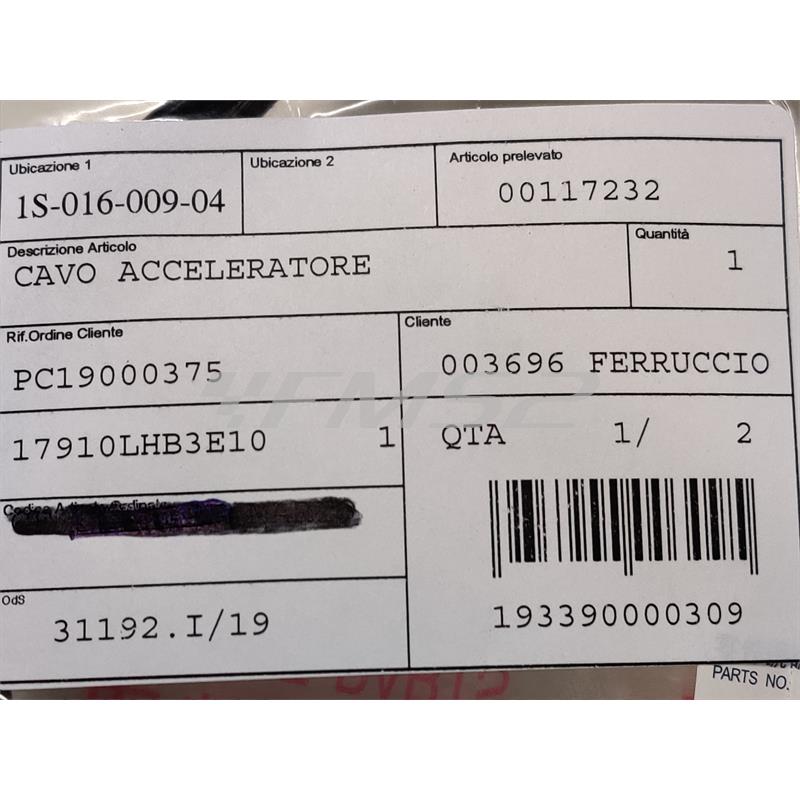 Cavo acceleratore, ricambio 00117232