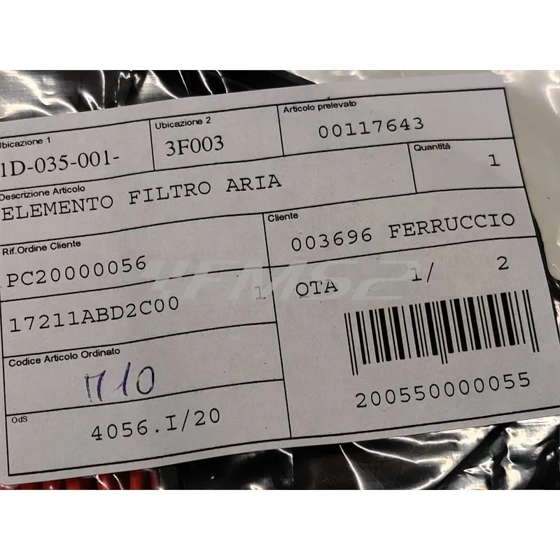 Elemento filtro aria, ricambio 00117643
