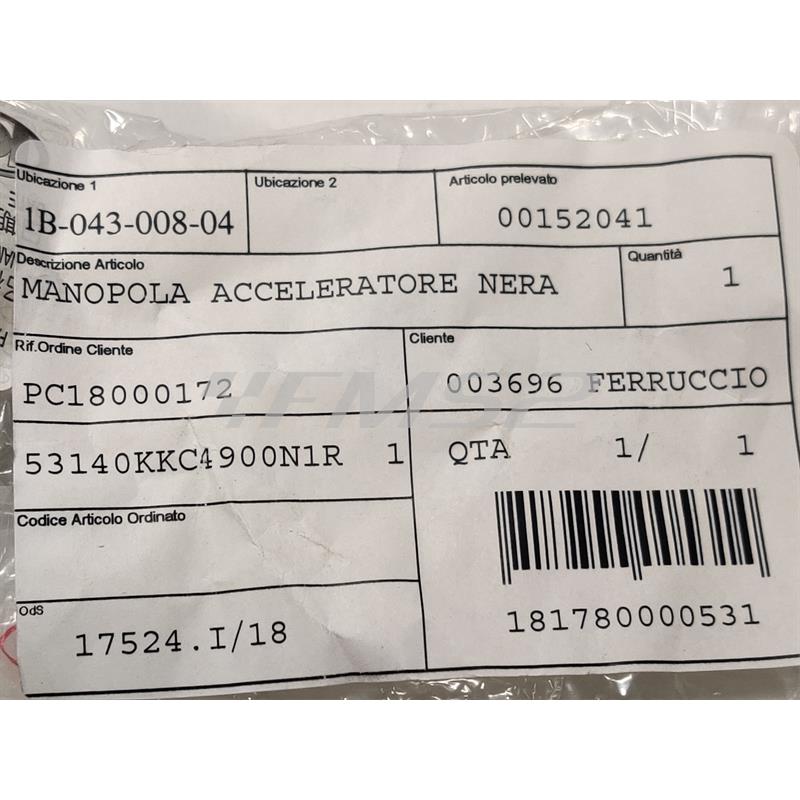 Manopola acceleratore destra in gomma nera originale per maxi scooter Kymco 250, 300, 400, 500 e 700 cc 4 tempi, ricambio 00152041
