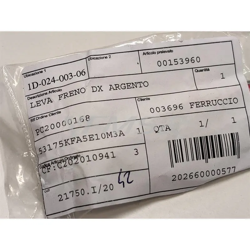 00153960 Leva freno destra in alluminio di colore argento lucidato originale per scooter e maxi scooter e quad Kymco 50, 125, 150, 200, 300 e 450 cc