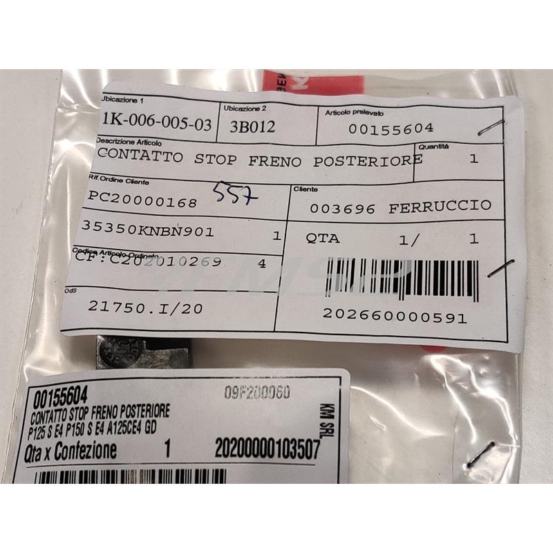 Interruttore stop freno posteriore originale per Quad, scooter e maxi scooter Kymco 50, 125, 150, 200, 250, 300, 350, 400, 450, 500 e 700 cc, ricambio 00155604