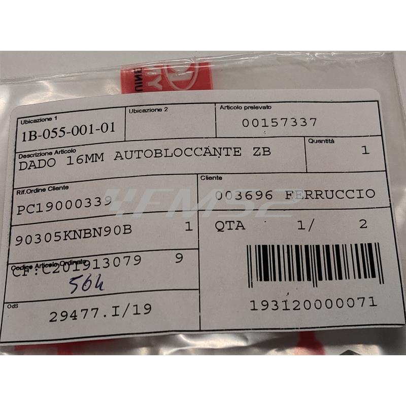 Dado autobloccante zincato argento per asse ruota posteriore con passo da 16 mm per scooter e maxi scooter Kymco 2 e 4 tempi, ricambio 00157337