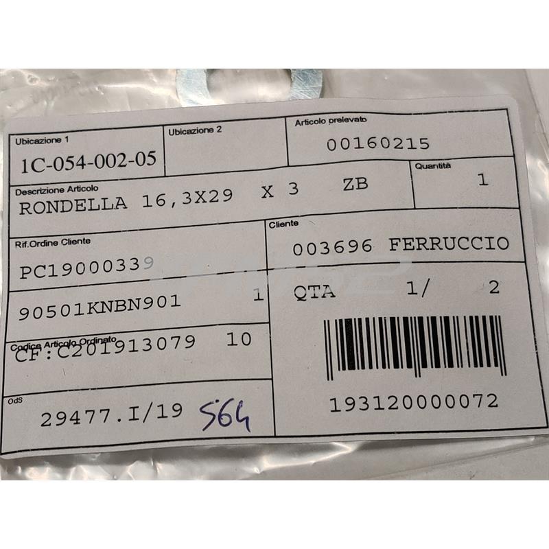 Rondella piana zincata argento con misura 16,3 x 29 x 3 mm per asse ruota posteriore sotto dado chiusura scooter e maxi scooter Kymco, ricambio 00160215