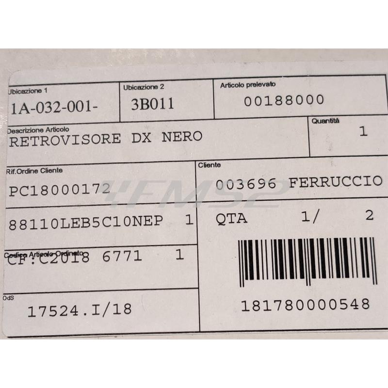 Specchietto retrovisore destro nero, ricambio 00188000