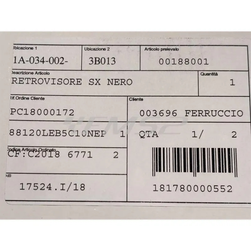 Specchietto retrovisore sinistro nero, ricambio 00188001