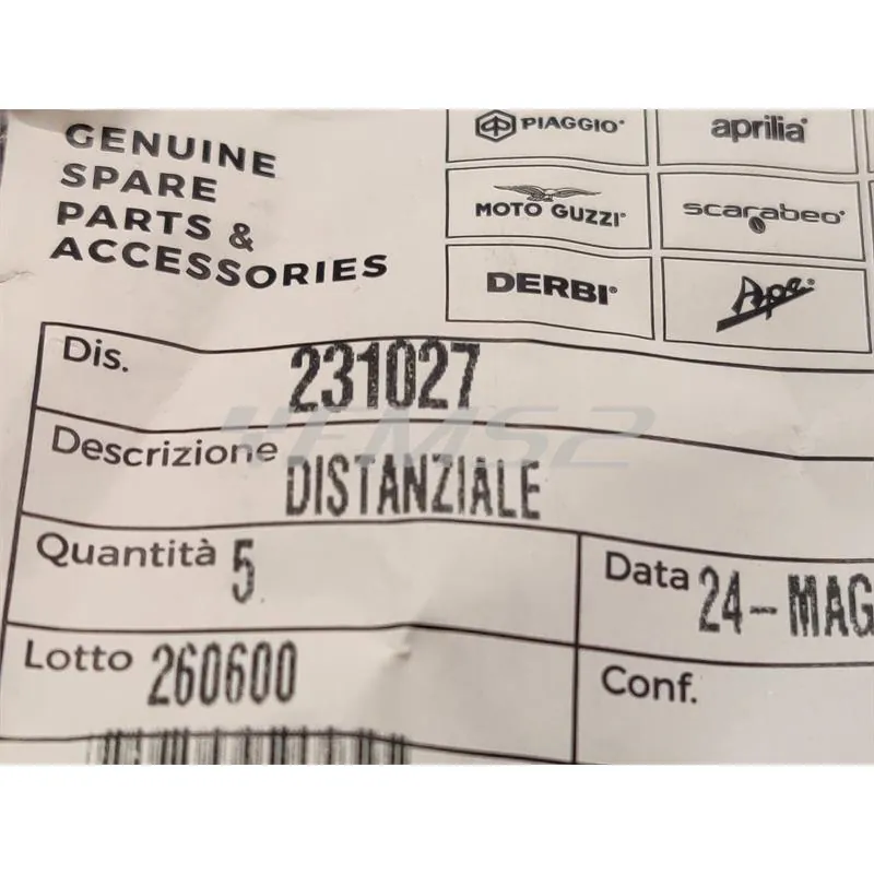 Boccola distanziale in acciaio zincato originale Piaggio per applicazioni varie su scooter e Ape, ricambio 231027
