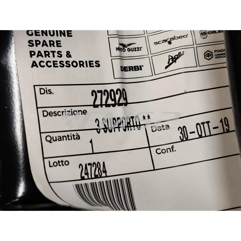 Supporto piastra attacco cavalletto centrale originale nella configurazione nuda per scooter con motore Piaggio aria e liquido a 2 tempi, ricambio 272929