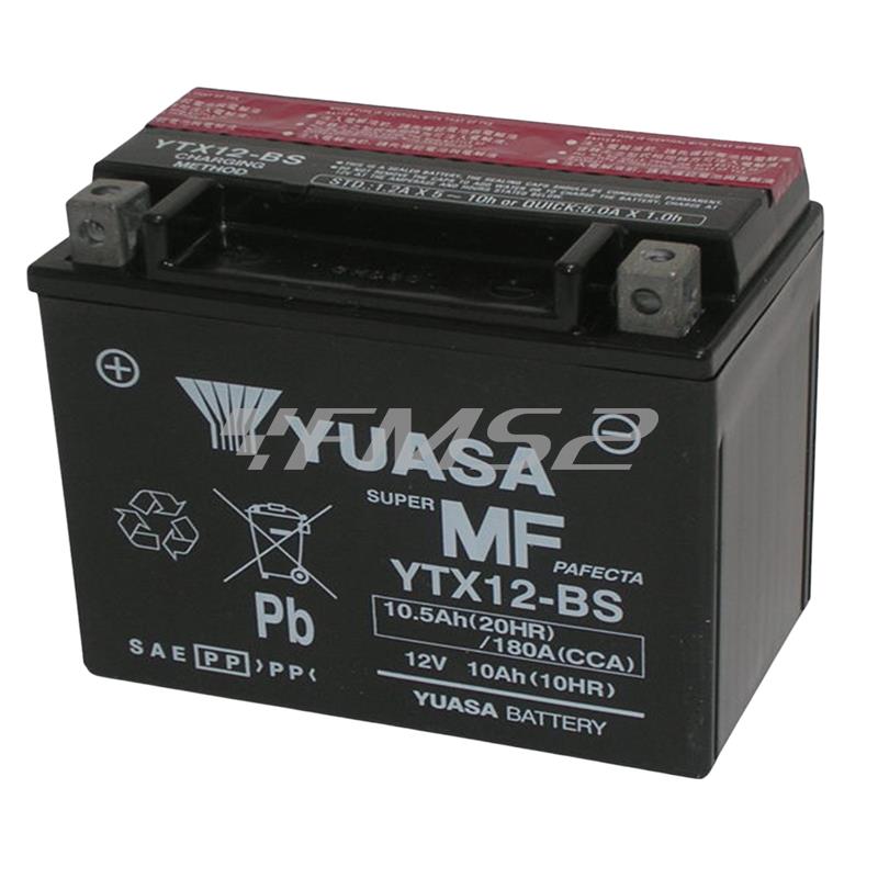 Batteria Yuasa YTX12-BS, 12 Volt - 10 Ah, tipo MF con acido a corredo (prodotto originale PIAGGIO), ricambio 583158