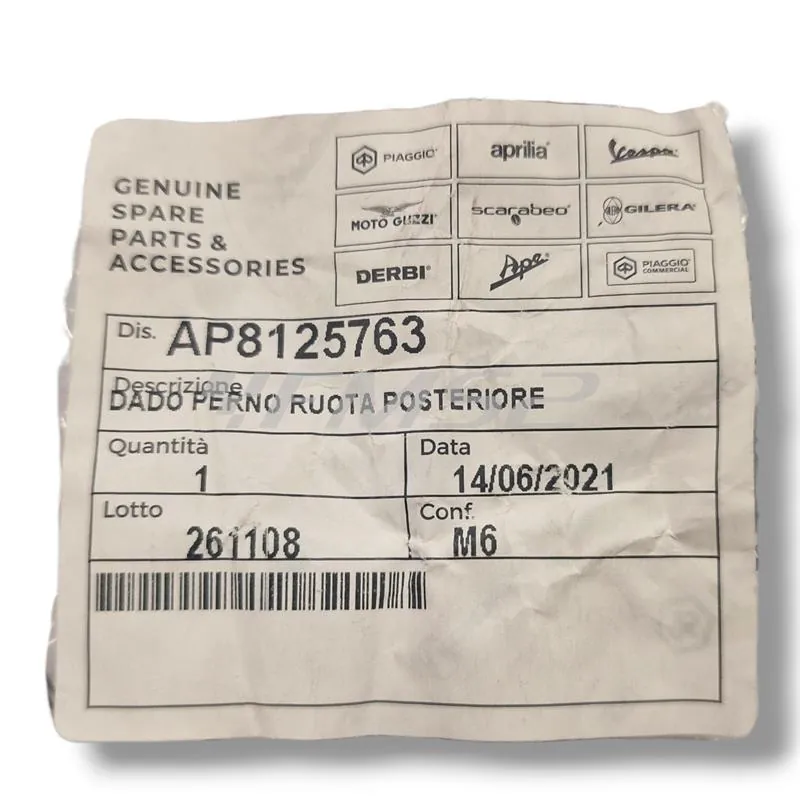 AP8125763 Dado perno ruota posteriore M20x1,5 Piaggio autobloccante teflon H 11mm chiave 26mm - Compatibile Husqvarna 50310099000