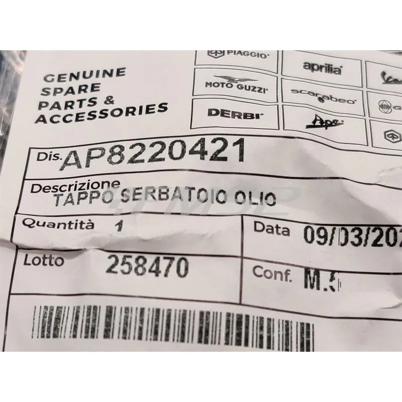 AP8220421 Tappo serbatoio olio miscela originale per scooter Aprilia Sr, Amico, Rally, Scarabeo, Sonic 50 cc 2 tempi 
