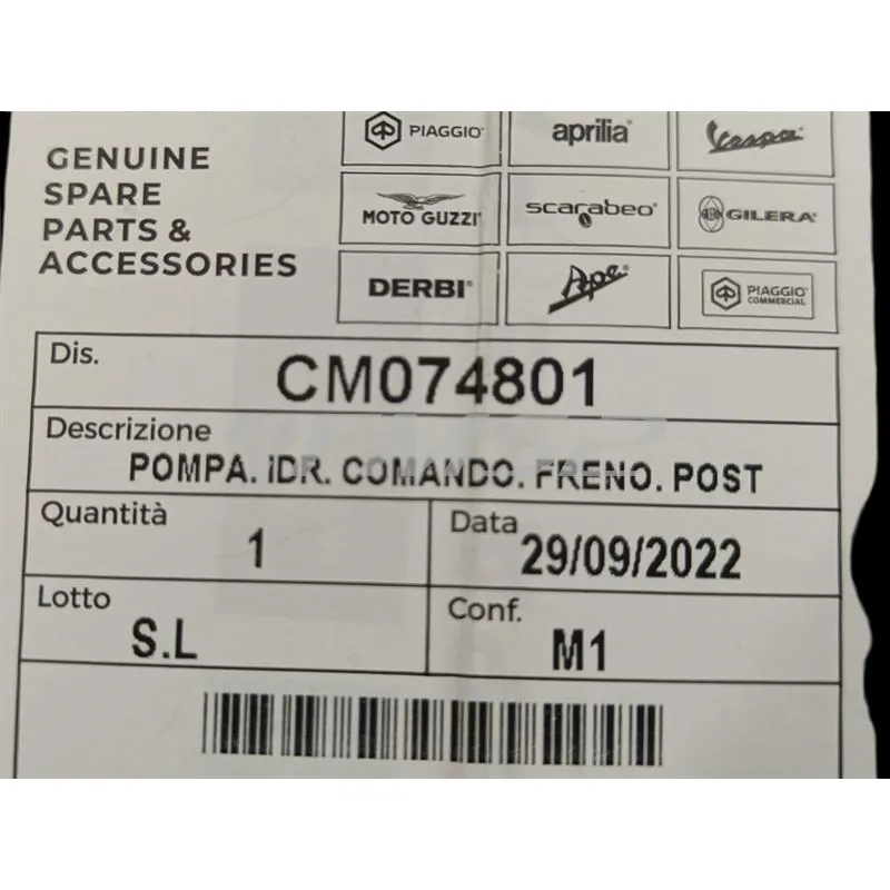 CM074801 Pompa freno posteriore sinistra a comando idraulico completa di leva in alluminio cromata per scooter NRG Power 50 e maxi scooter Vespa GT, GTS e Super 125, 250 e 300 cc