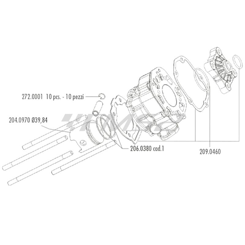 Gruppo termico motore Polini per enduro, motard e stradali con motore Derbi Aprilia D50B0 con diametro 39,88 mm e cilindrata 50cc raffreddati a liquido, ricambio 1090018