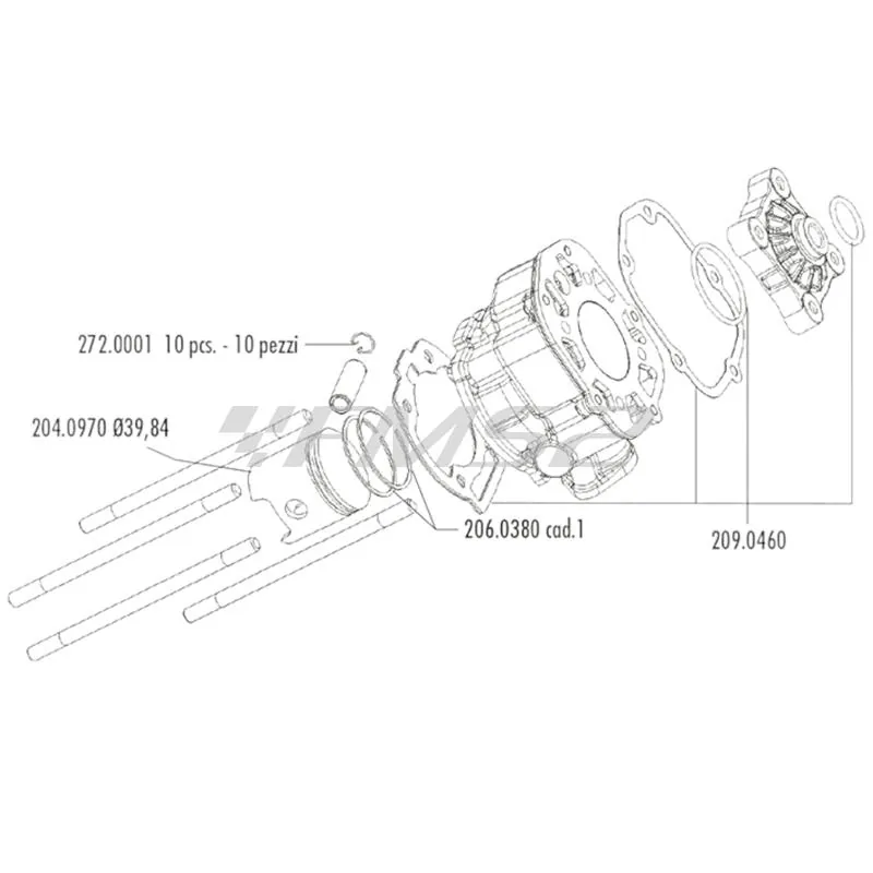 Gruppo termico motore Polini per enduro, motard e stradali con motore Derbi Aprilia D50B0 con diametro 39,88 mm e cilindrata 50cc raffreddati a liquido, ricambio 1090018