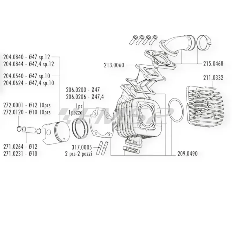 166.0074/12E Kit Gruppo Termico Polini Evolution 70cc Ghisa Ø47mm Spinotto 12mm per Minarelli Verticale Booster - Cod. 166007412E