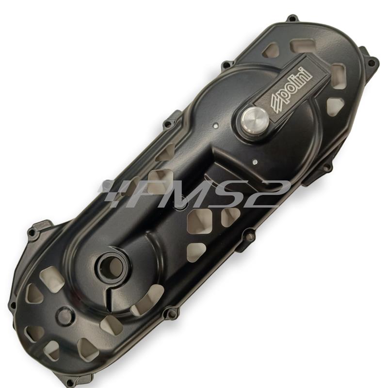 Coperchio carter trasmissione messa in moto Polini modello Evolution di colore nero e super intagliato scooter con motore Minarelli orizzontale braccio lungo aria e liquido, ricambio 1700306