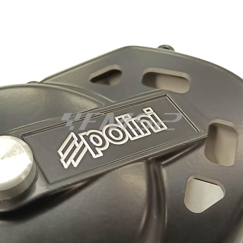 Coperchio carter trasmissione messa in moto Polini modello Evolution di colore nero e super intagliato scooter con motore Minarelli orizzontale braccio lungo aria e liquido, ricambio 1700306