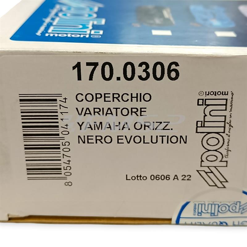 Coperchio carter trasmissione messa in moto Polini modello Evolution di colore nero e super intagliato scooter con motore Minarelli orizzontale braccio lungo aria e liquido, ricambio 1700306