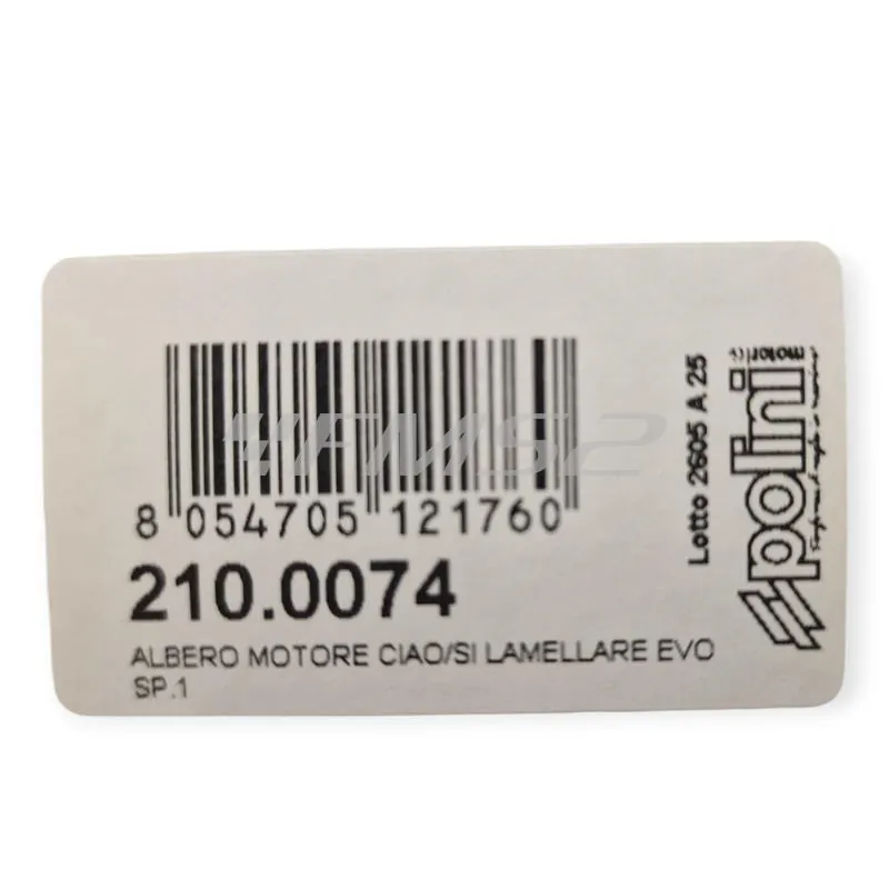 210.0074 Albero motore Polini a spalle piene per carter lamellare evolution con spinotto da 12 mm e gabbietta rinforzata per ciclomotori Piaggio Ciao, Si, Boxer, Bravo, SuperBravo, Grillo, Cba