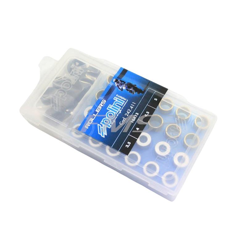 Kit rulli Polini con diametro 16 x 13 mm e pesi 6,5 gr, 7 gr, 8 gr, 9 gr completa anche di gusci in plastica per il montaggio, ricambio 242414