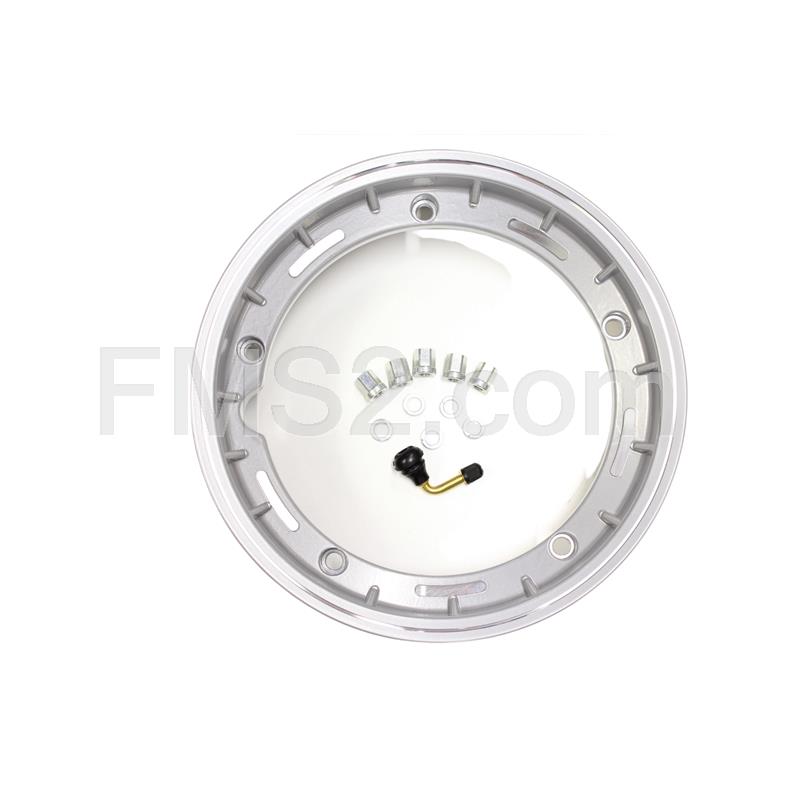 Cerchio in alluminio tubeless Fa Italia monopezzo di colore argento metallizzato con fresature cromate per montaggio su Piaggio Vespa 50, 125, 150, 180 e 200 cc con cerchi da 10 pollici, ricambio 4555620