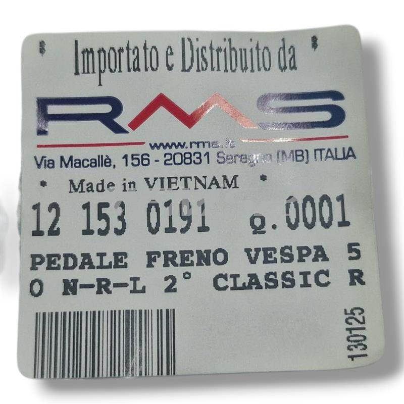 Pedale freno posteriore RMS in alluminio spazzolato completo di molla ritorno, gommino tondo battuta e perno fissaggio cavo freno per Piaggio Vespa 50 R, L, N e 125 primavera, ricambio 121530191