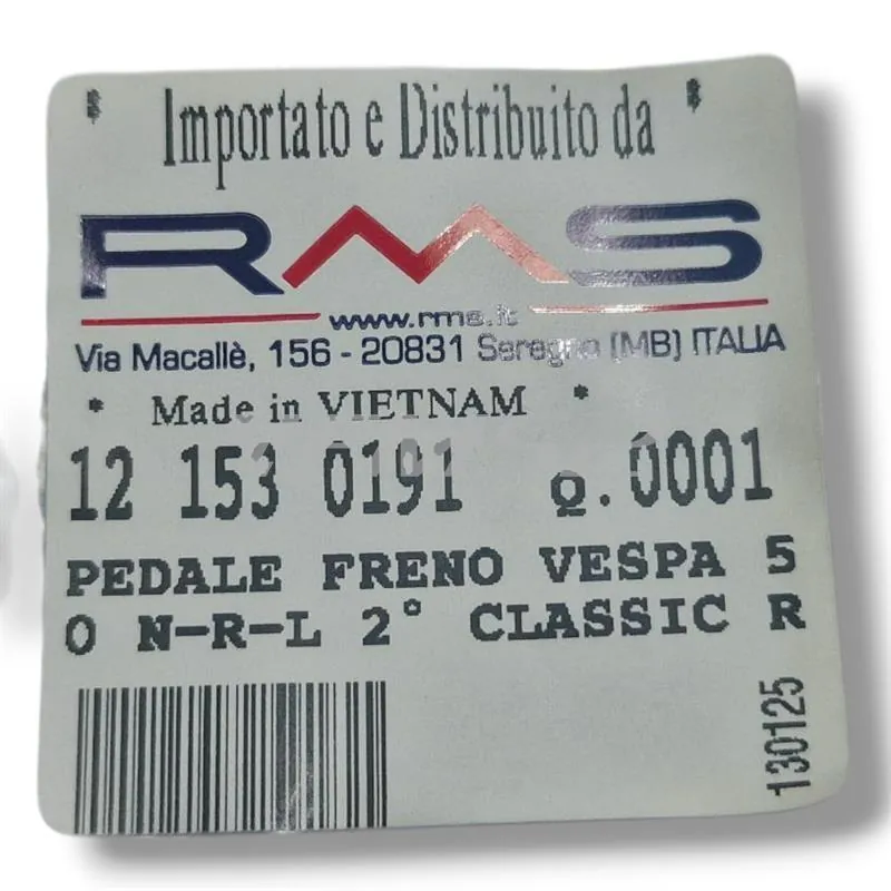 121530191 Pedale freno posteriore RMS in alluminio spazzolato completo di molla ritorno, gommino tondo battuta e perno fissaggio cavo freno per Piaggio Vespa 50 R, L, N e 125 primavera