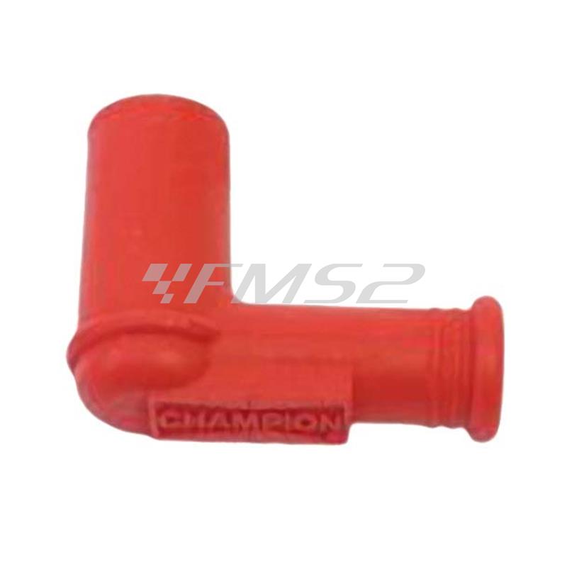 Pipetta attacco candela in silicone di colore rosso della Champion con piega a 90 gradi e resistenza da 5K ohm e fissaggio sulla candela senza terminale SAE (Champion), ricambio 246330150