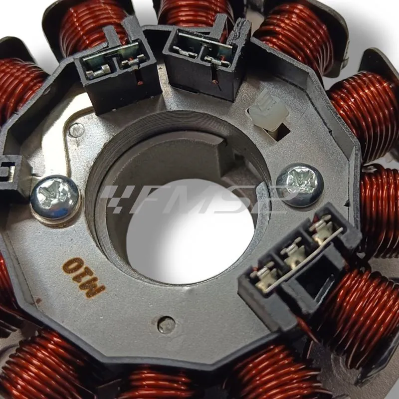 Statore RMS completo di piastra attacco a 12 poli euro 2 per motori Minarelli AM6 con accensioni digitali variabili Yamaha, ricambio 246350590