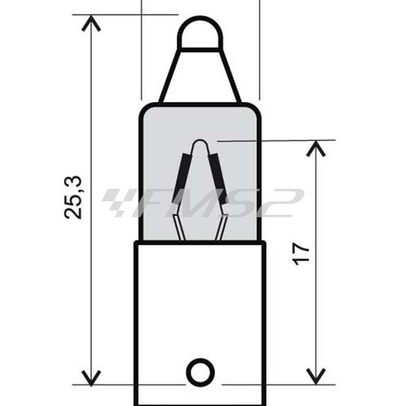 Lampadina alogena RMS con vetro trasparente e luce bianca a 12 Volt e 23 Watt con attacchi perni a 180° tra loro per applicazione su frecce tuning, ricambio 246510025