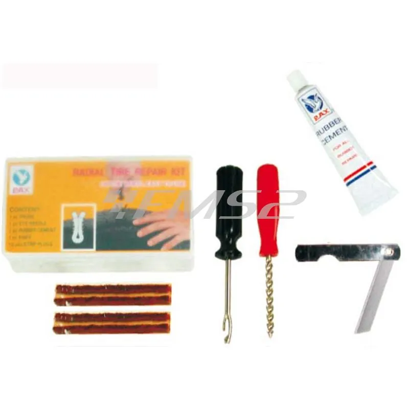 Kit riparazione pneumatico tubeless RMS in scatola composto da- 1 tubetto mastice da 22cc - 2 punteruoli - 1 taglierino - 5 stringhe di pura, ricambio 267020020