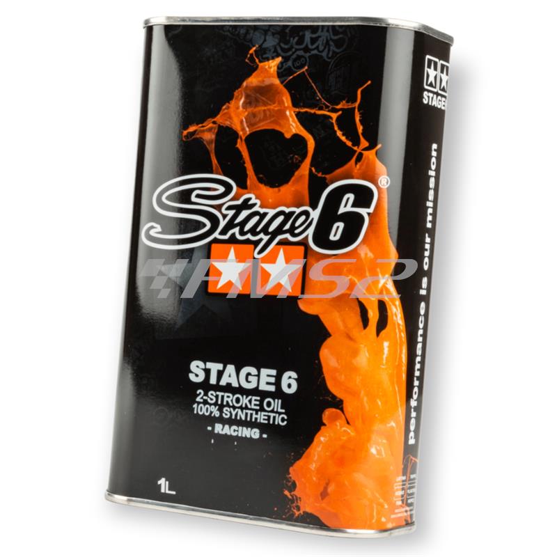 Olio stage6 racing per utilizzo miscela 2 tempi 100% sintetico in latta metallica da 1 litro con tappo ad uscita per facilitarne l'utilizzo, ricambio S60206