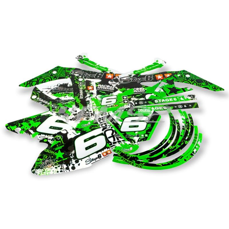 Kit adesivi carena stage6 di colore verde e nero per Hm 50 prodotte dal 2006 in poi versione motard ed enduro, ricambio S6058804GR