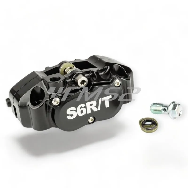 Pinza freno Stage6 MK2 RT a 4 pistoncini anodizzata nera e lavorazioni CNC completa di pastiglie organiche per utilizzo stradale e sportivo, ricambio S61400376BK