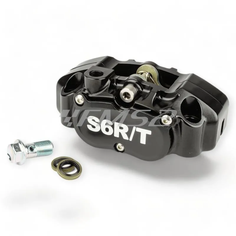 Pinza freno Stage6 MK2 RT a 4 pistoncini anodizzata nera e lavorazioni CNC completa di pastiglie organiche per utilizzo stradale e sportivo, ricambio S61400376BK